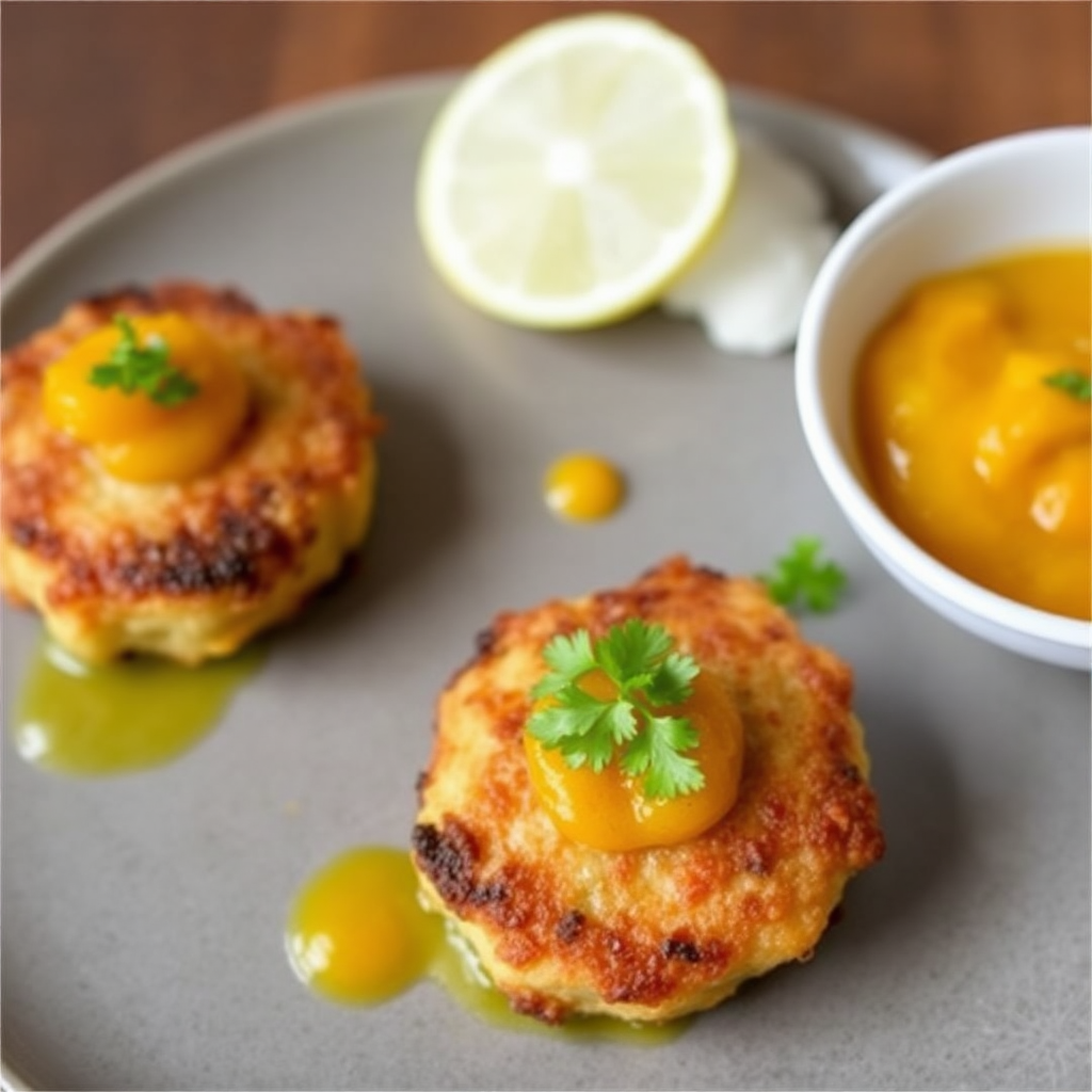 Pan-Seared Saffron Shrimp Cakes with Spicy Mango Chutney