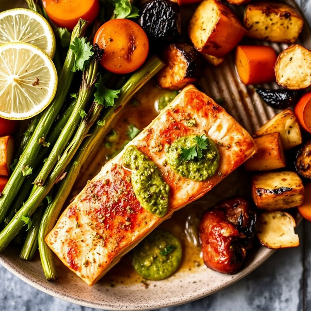 Pan-Seared Salmon with Cilantro-Lime Butter and Roasted Vegetables