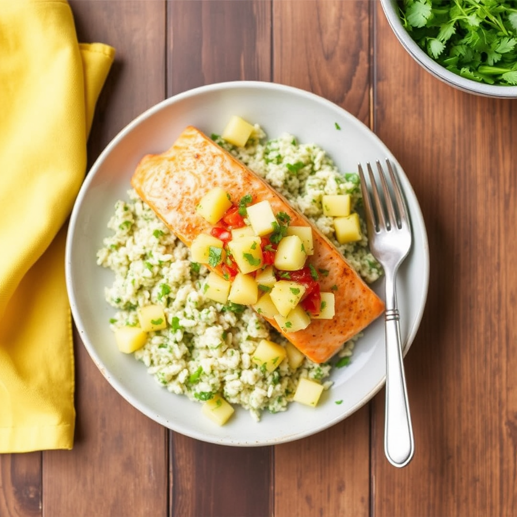 Pan-Seared Salmon with Pineapple Salsa and Cilantro Lime Rice