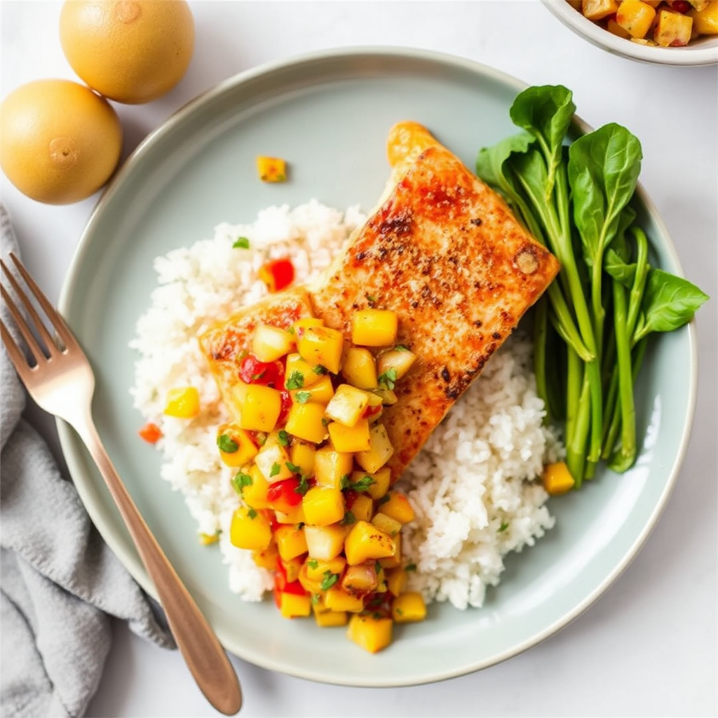 Pan-Seared Salmon with Spicy Mango Salsa and Coconut Rice