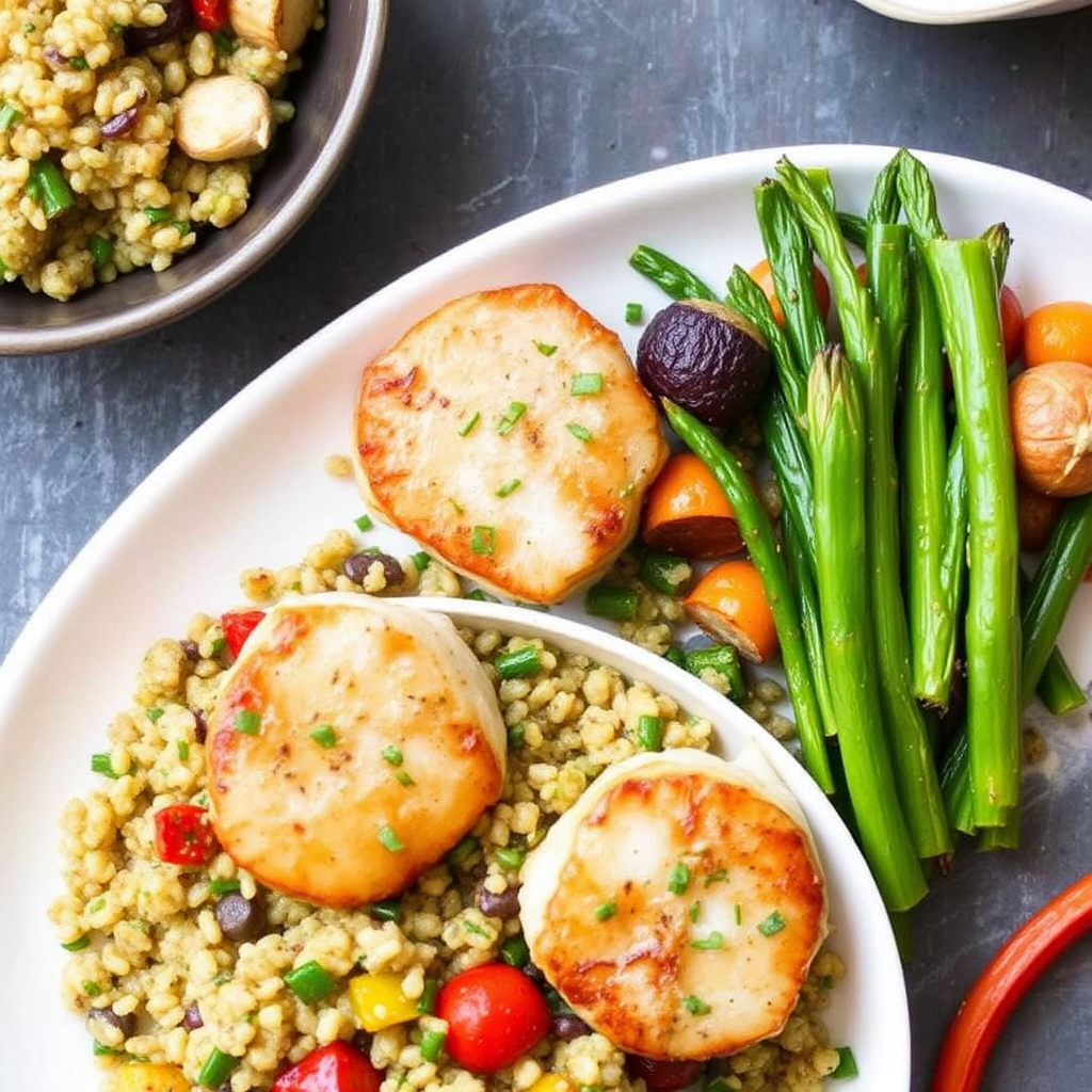 Pan-Seared Scallops with Lemon-Herb Quinoa and Roasted Vegetables