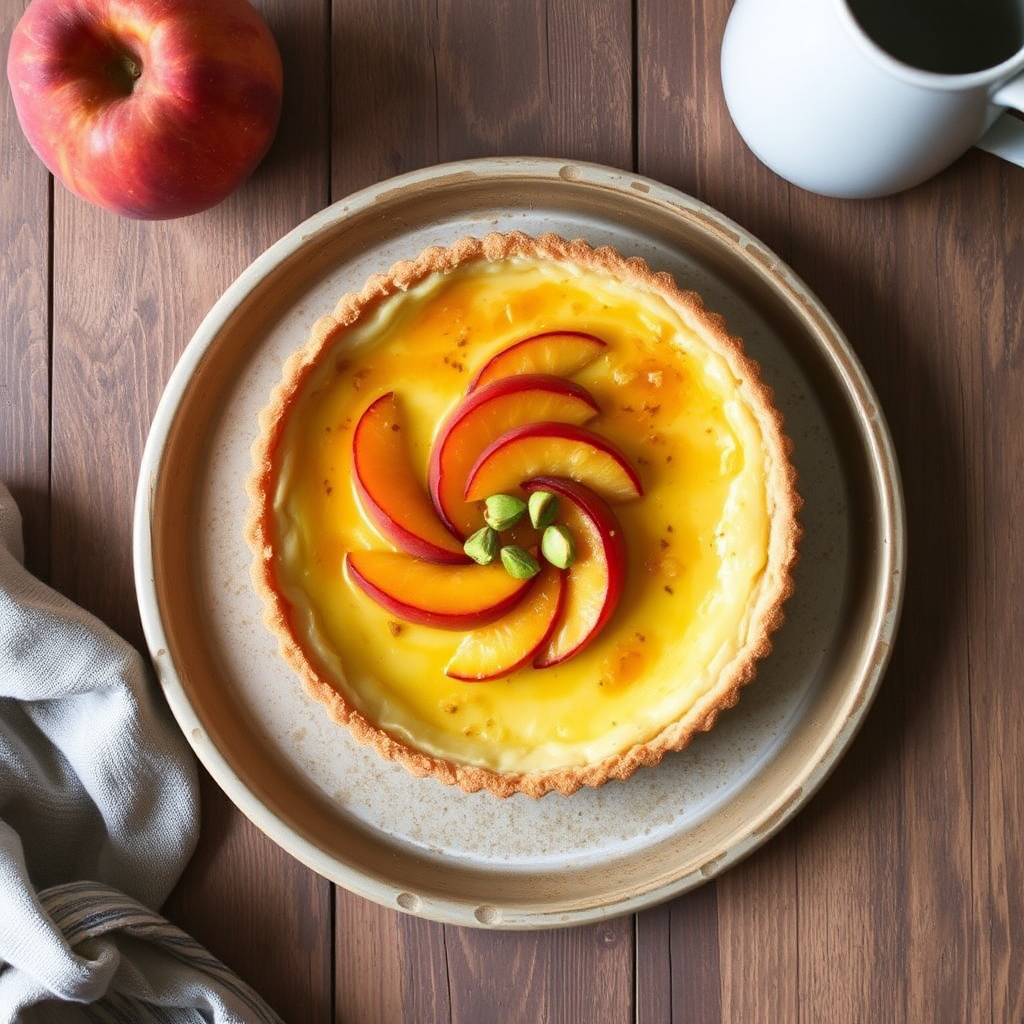 Peach and Pistachio Crème Brûlée Tart