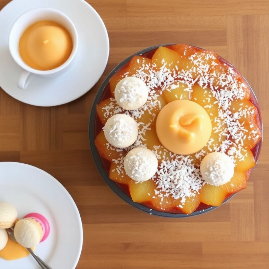 Pineapple Upside-Down Cake with Coconut Macaroons and Mango Mousse