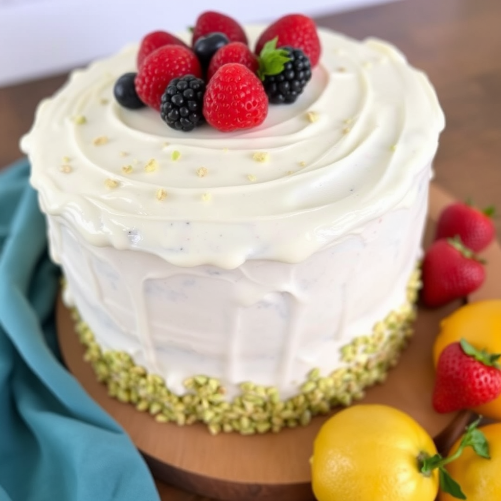 Pistachio Cake with Lemon Cream Cheese Frosting and Fresh Berries