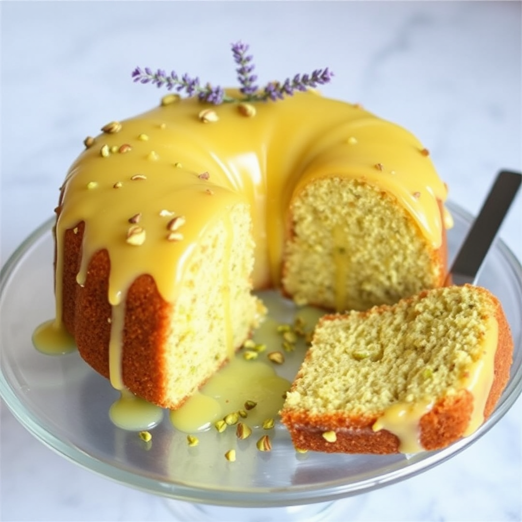 Pistachio Cake with Lemon Lavender Honey Glaze