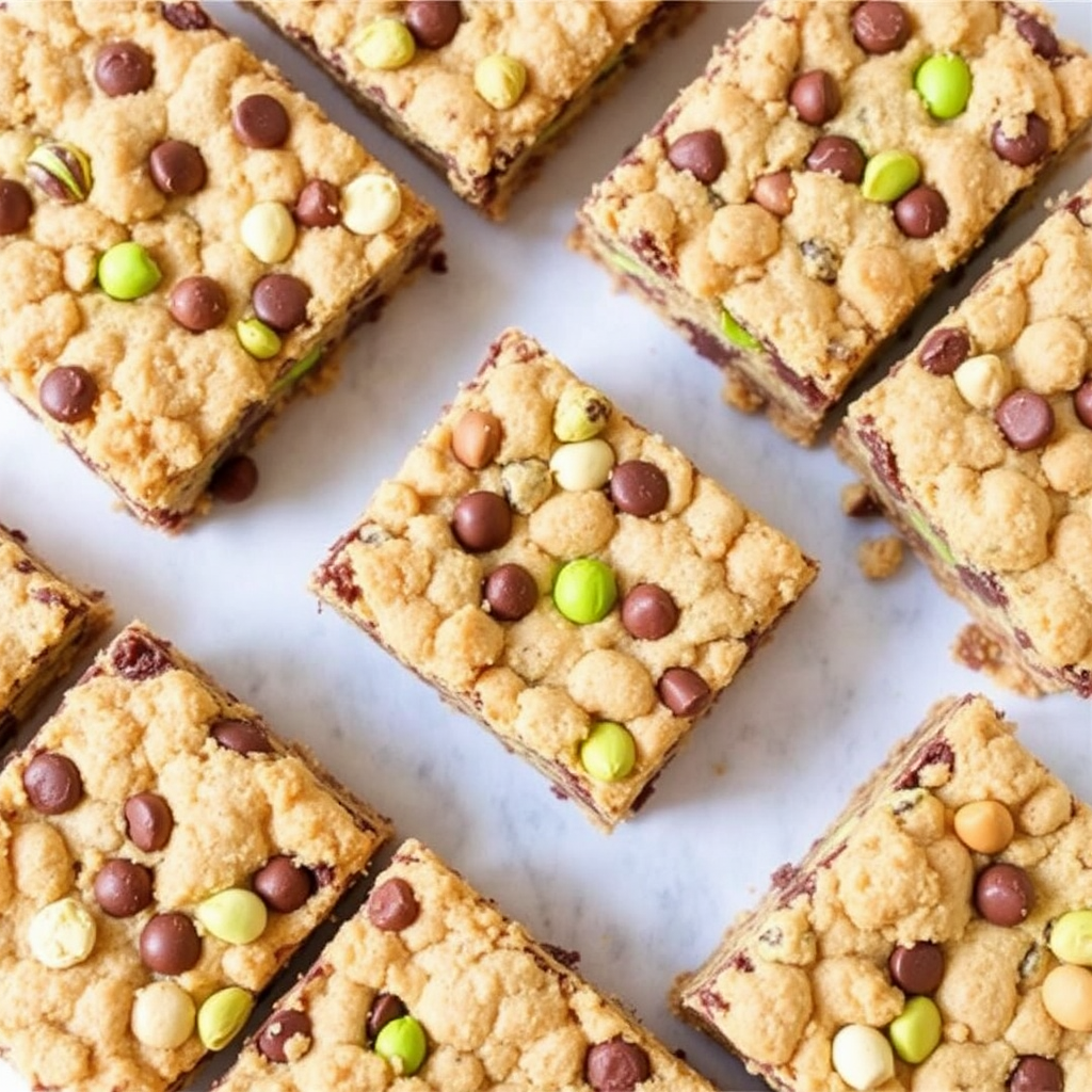 Pistachio and Chocolate Chip Cookie Crumble Bars