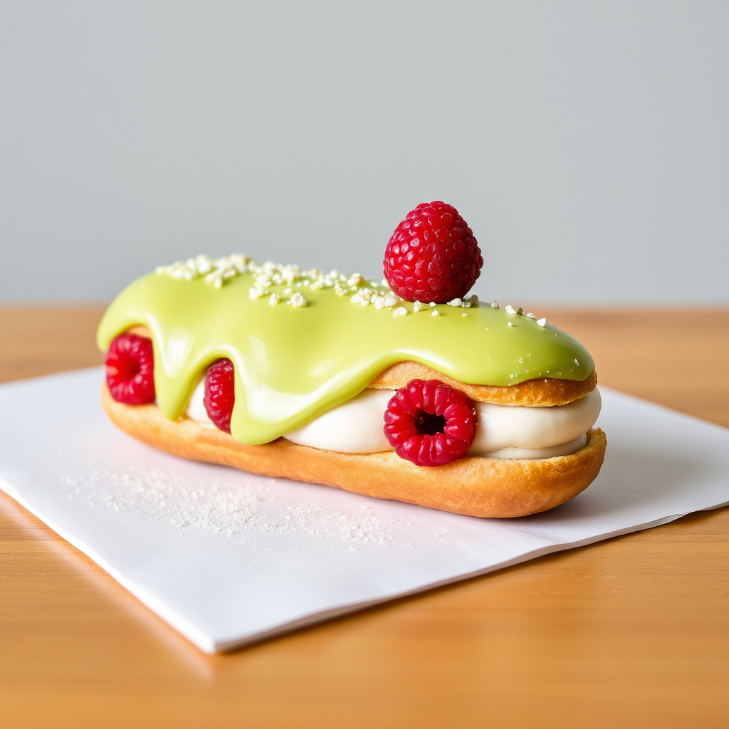 Pistachio and Raspberry Eclair