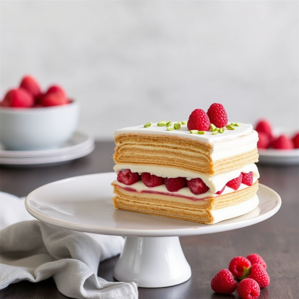 Pistachio and Raspberry Mille-Feuille Cake