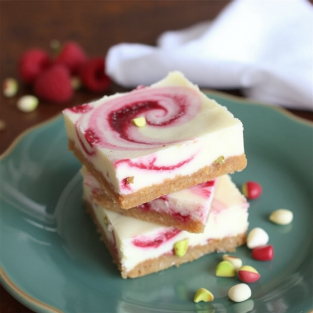 Pistachio and Raspberry Swirl Cheesecake Bars