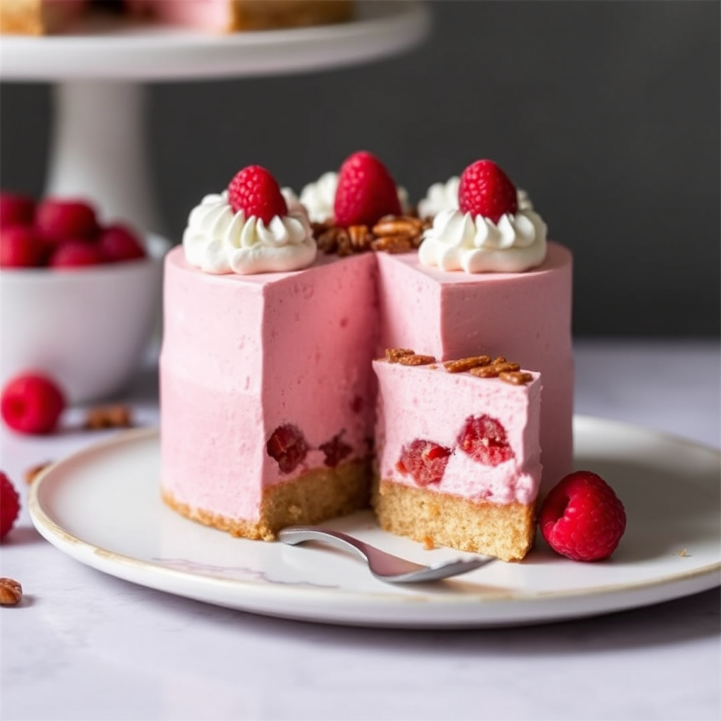 Raspberry Mousse Cake with Caramelized Pecans