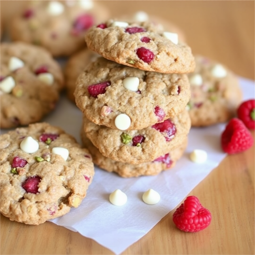 Raspberry Oatmeal Cookies with White Chocolate Chips and Pistachio Crunch