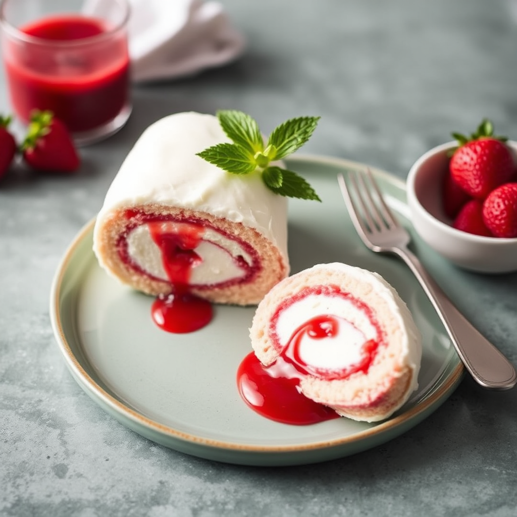 Raspberry Panna Cotta Cake Roll with Strawberry Sauce