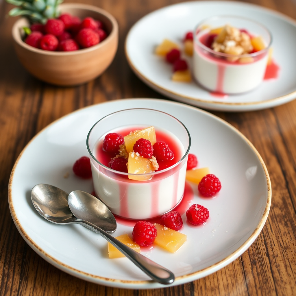 Raspberry Panna Cotta with Caramelized Pineapple and Coconut Crumble