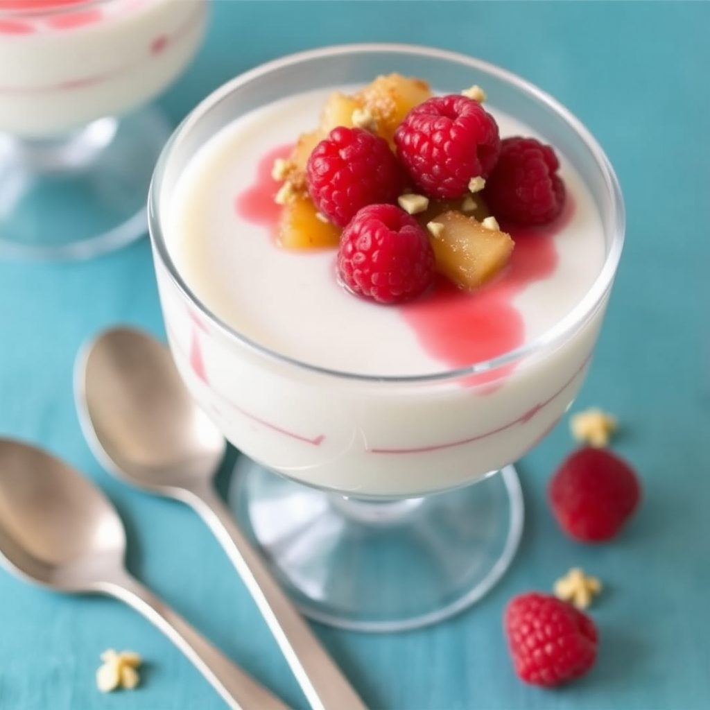 Raspberry Panna Cotta with Caramelized Pineapple and Macadamia Crumble