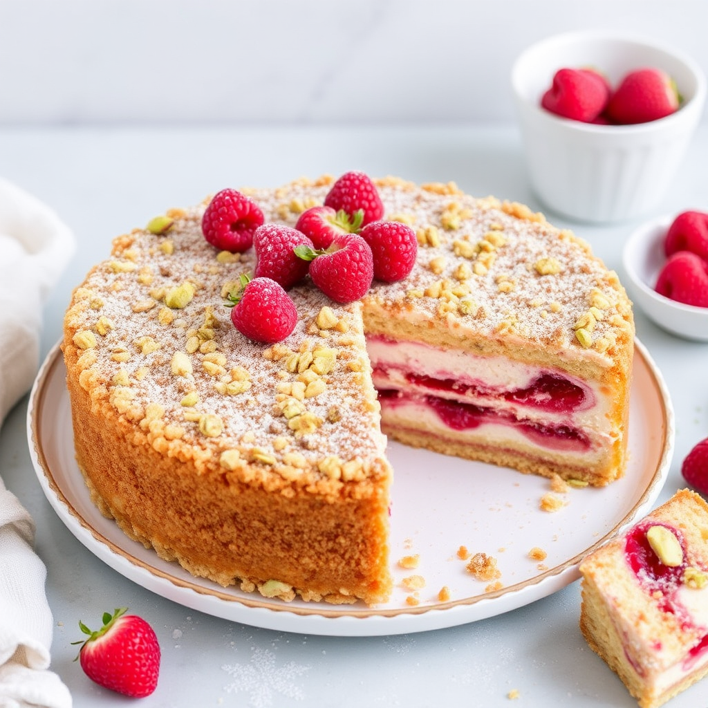 Raspberry Pistachio Mille-Feuille Crumble Cake