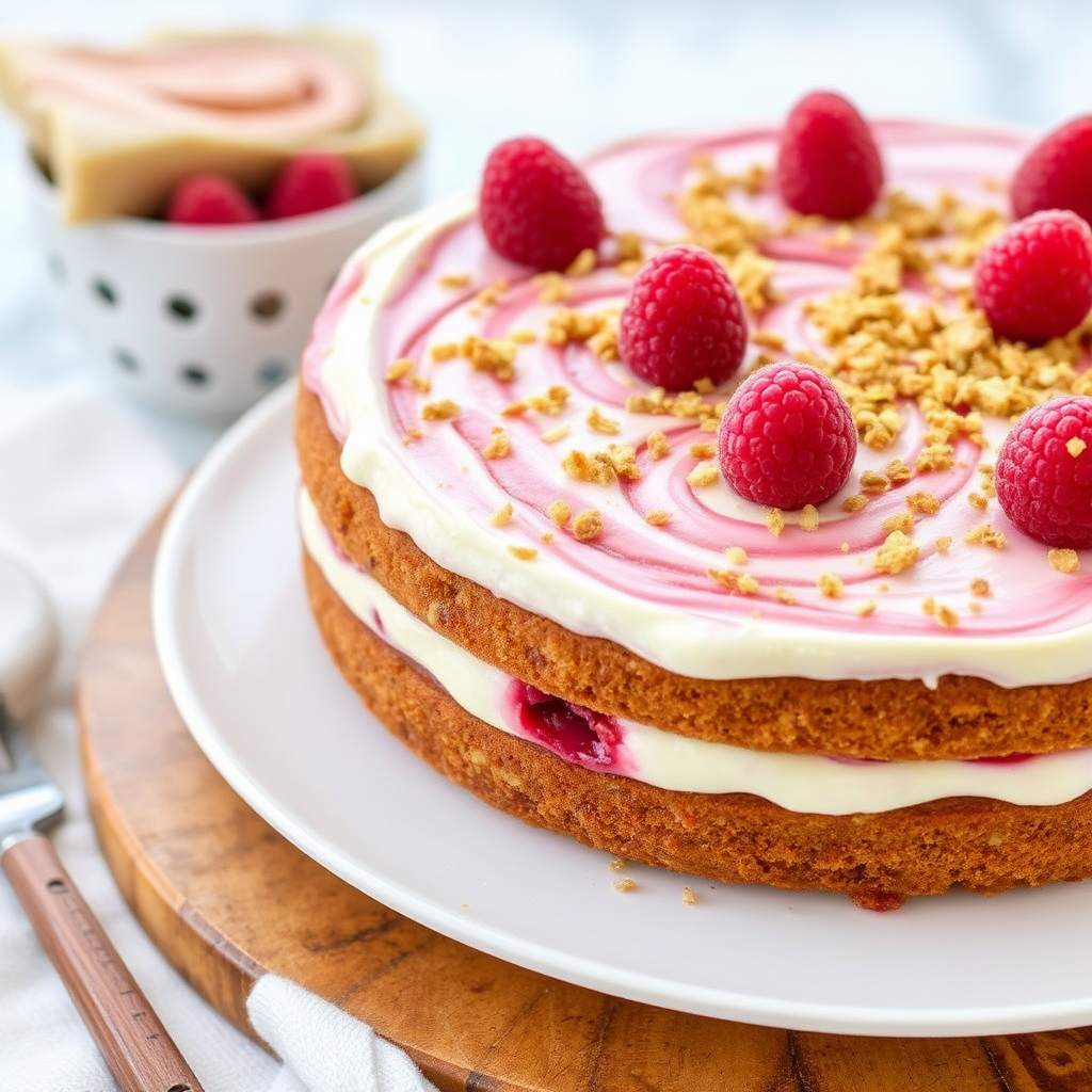 Raspberry Tres Leches Cake with Cinnamon Swirl and Pistachio Crumble