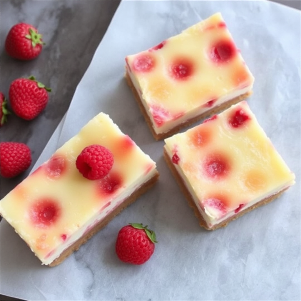 Raspberry and White Chocolate Crème Brûlée Cheesecake Bars