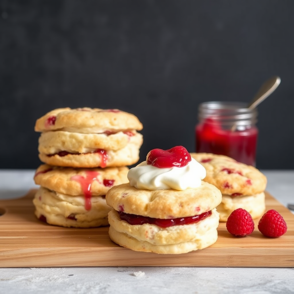 Raspberry and White Chocolate Scones with Clotted Cream and Jam