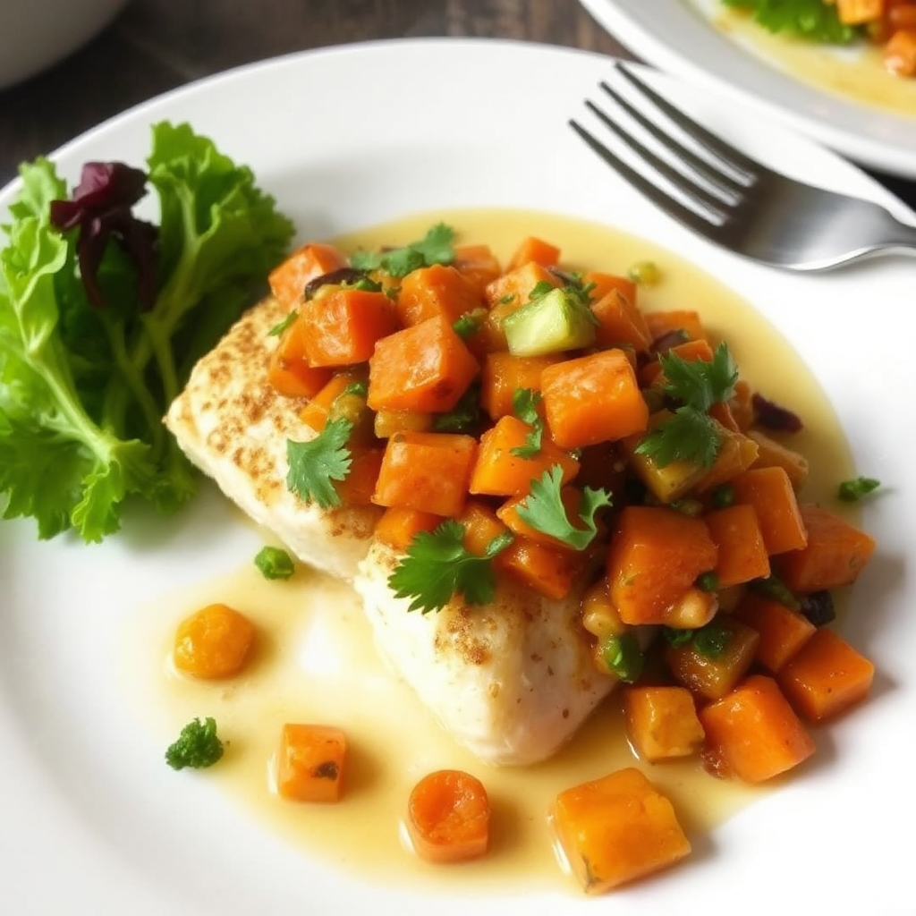 Roasted Cod with Sweet Potato Salsa & Sesame-Ginger Dressing