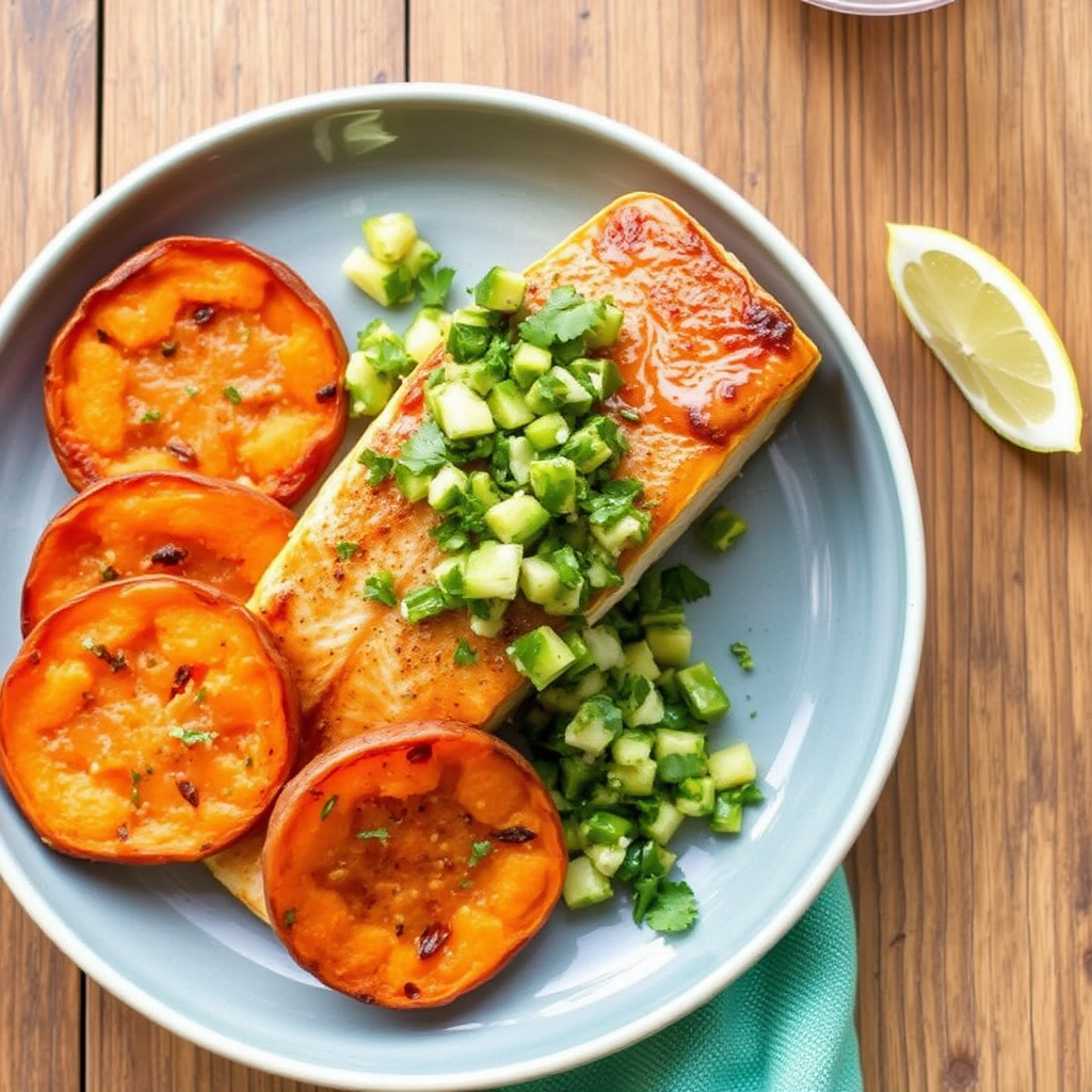 Roasted Salmon with Cilantro-Lime Salsa and Sweet Potato Rounds