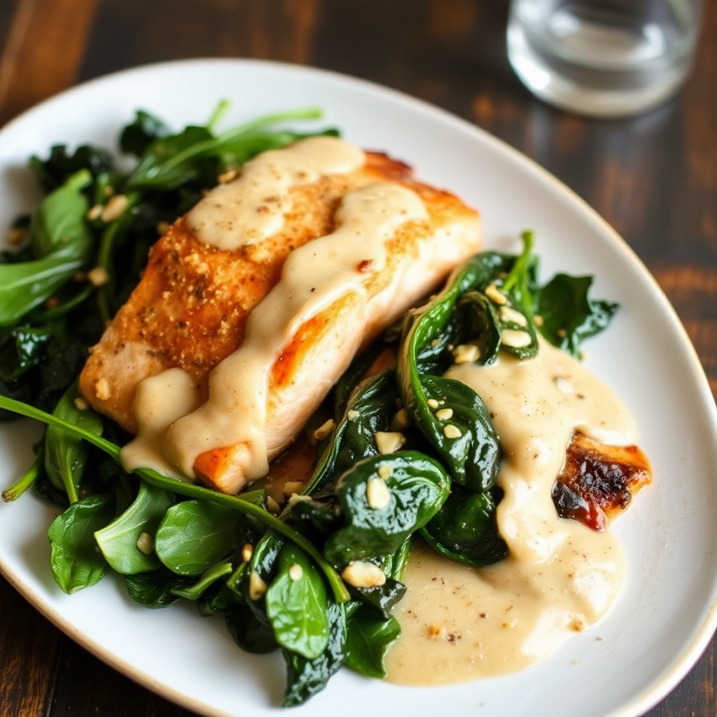 Roasted Salmon with Creamy Coconut-Ginger Glaze and Sautéed Spinach