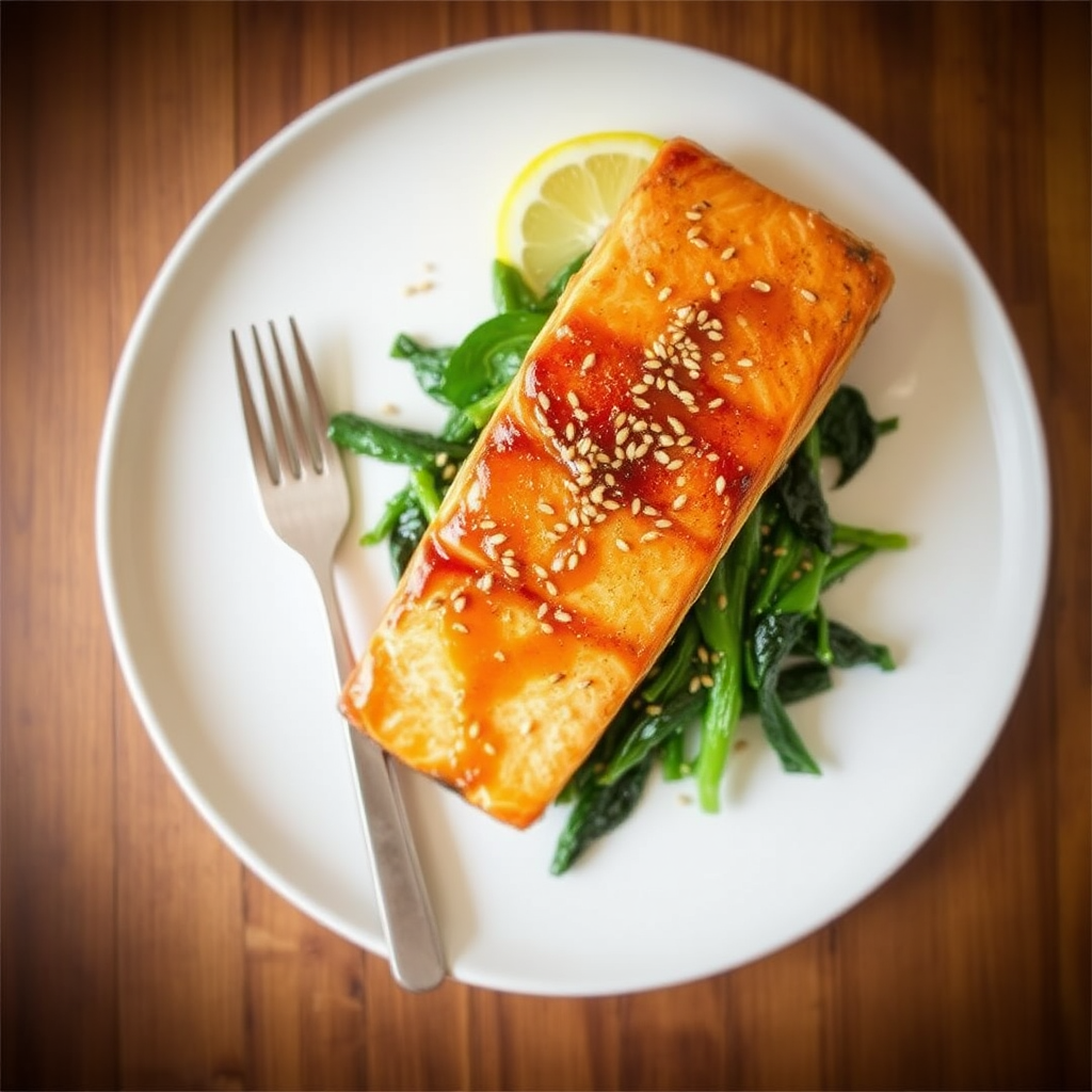 Roasted Salmon with Honey-Ginger Glaze and Sesame Greens