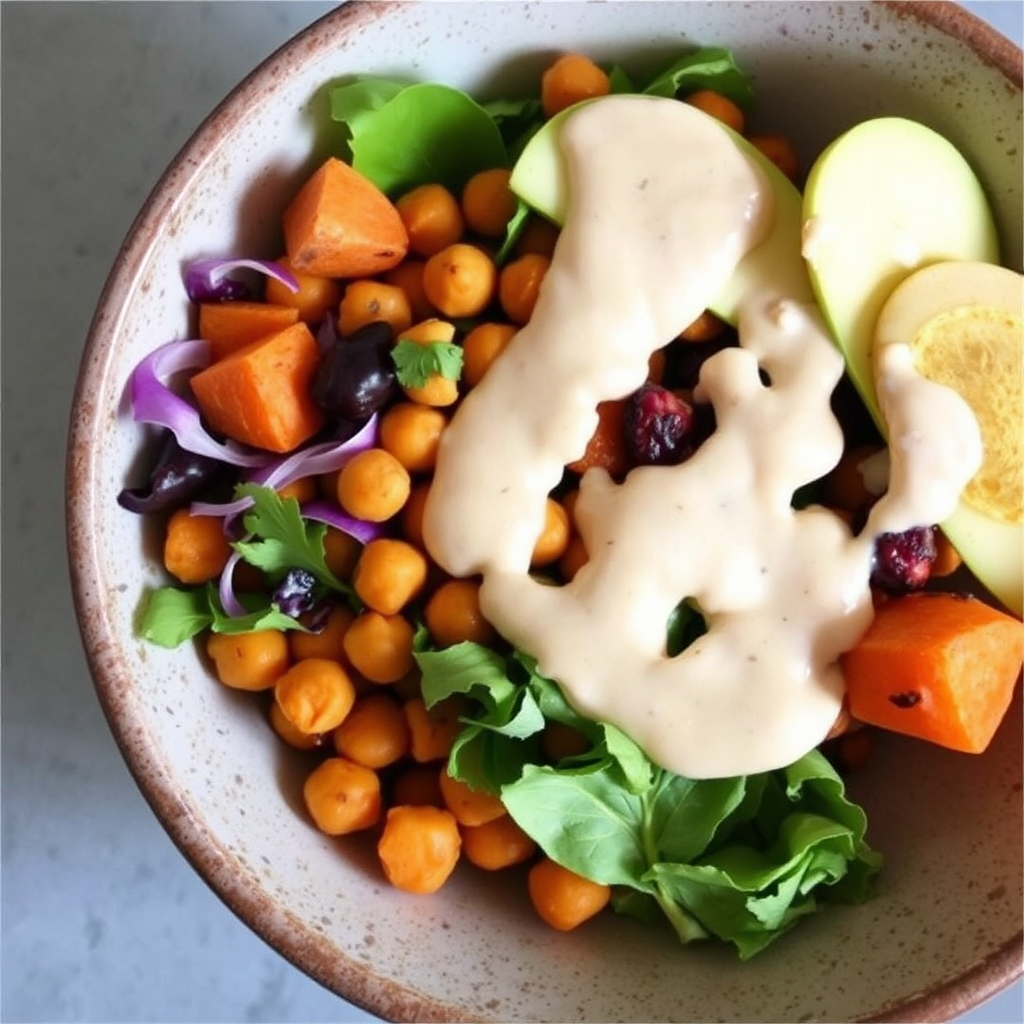 Roasted Sweet Potato & Chickpea Bowl with Creamy Tahini Dressing