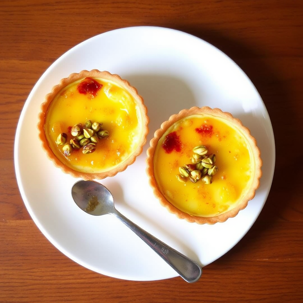 Saffron Crème Brûlée Tarts with Caramelized Pistachio Crunch