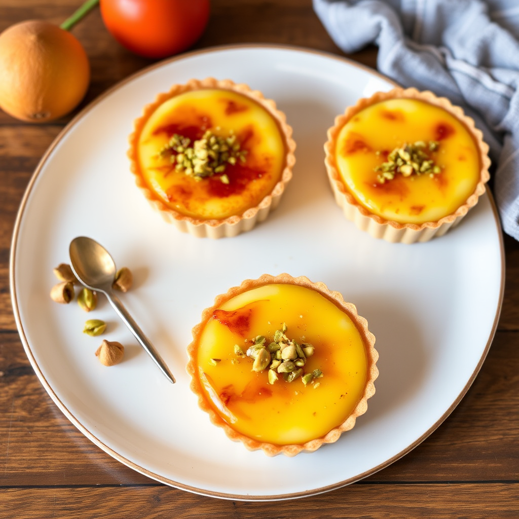 Saffron Crème Brûlée Tarts with Cardamom and Pistachio Crunch