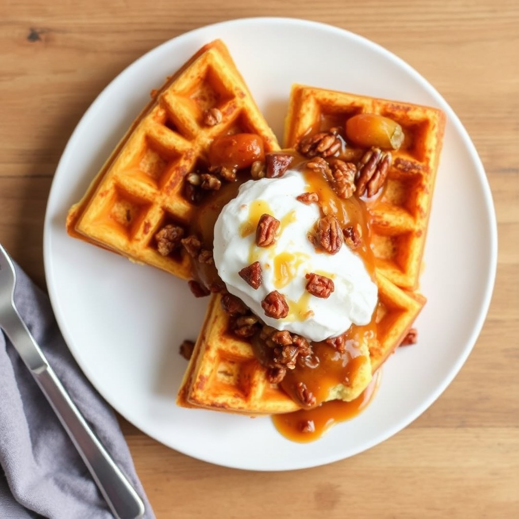 Saffron Crusted Brioche Waffles with Spiced Apple Compote and Caramelized Pecans