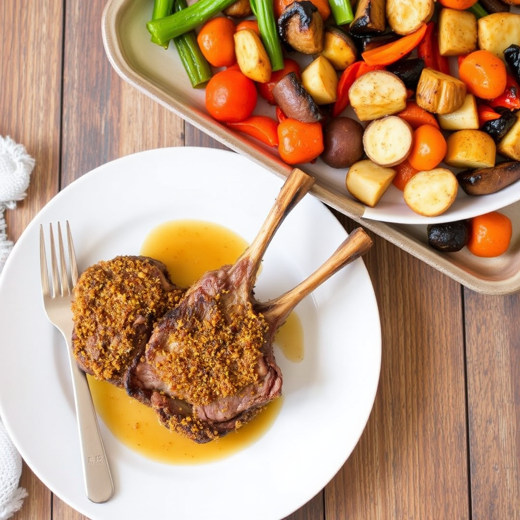 Saffron Crusted Lamb Chops with Lemon-Honey Glaze and Roasted Vegetables