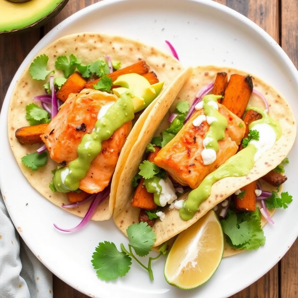 Salmon and Roasted Sweet Potato Tacos with Avocado Crema