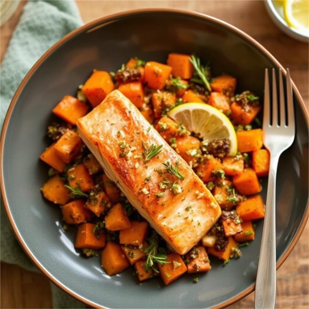 Salmon & Sweet Potato Hash with Lemon-Rosemary Gremolata