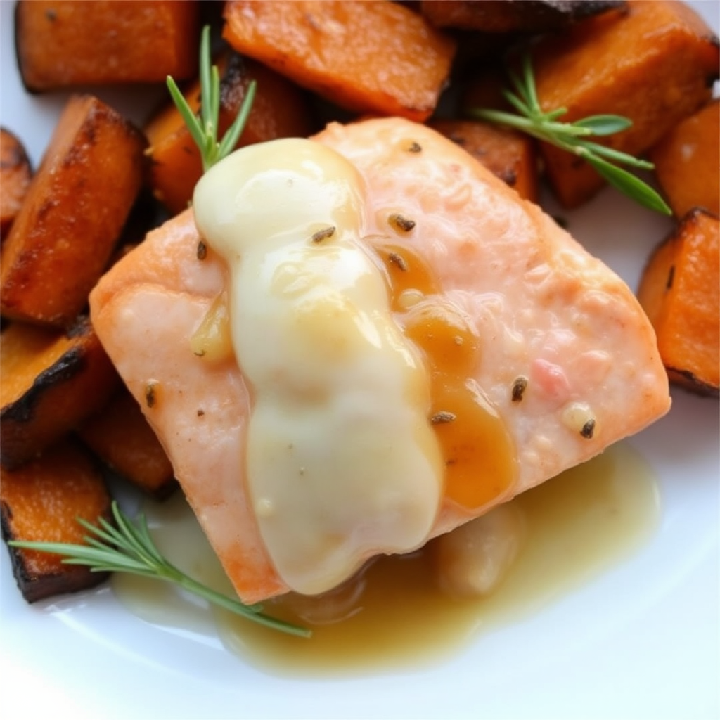 Salmon with Caramelized Sweet Potatoes and Rosemary-Mint Glaze