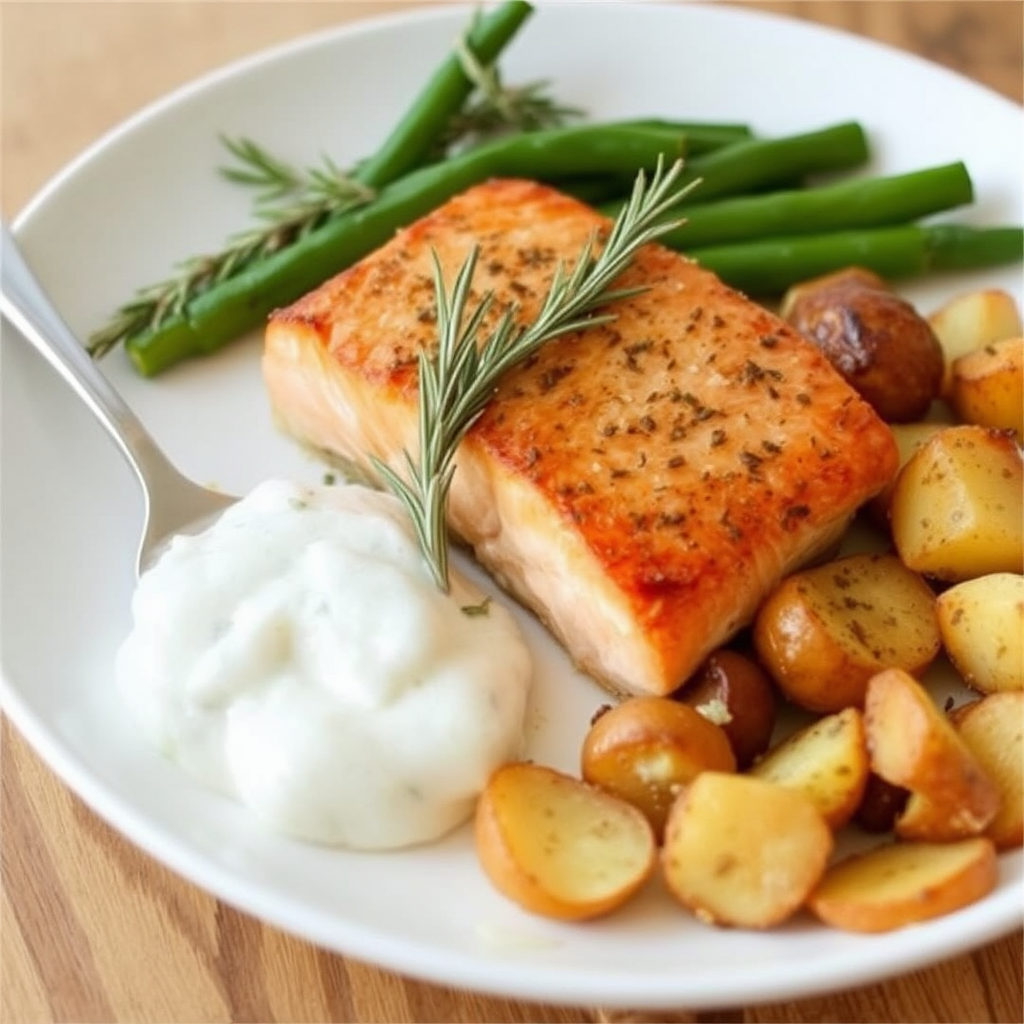 Salmon with Roasted Garlic and Rosemary Potatoes