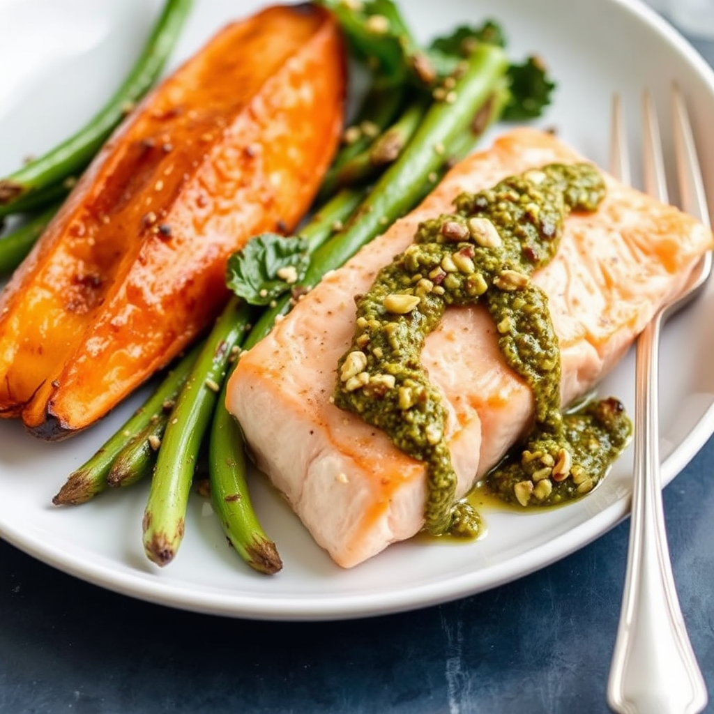 Salmon with Roasted Sweet Potato and Pistachio Pesto