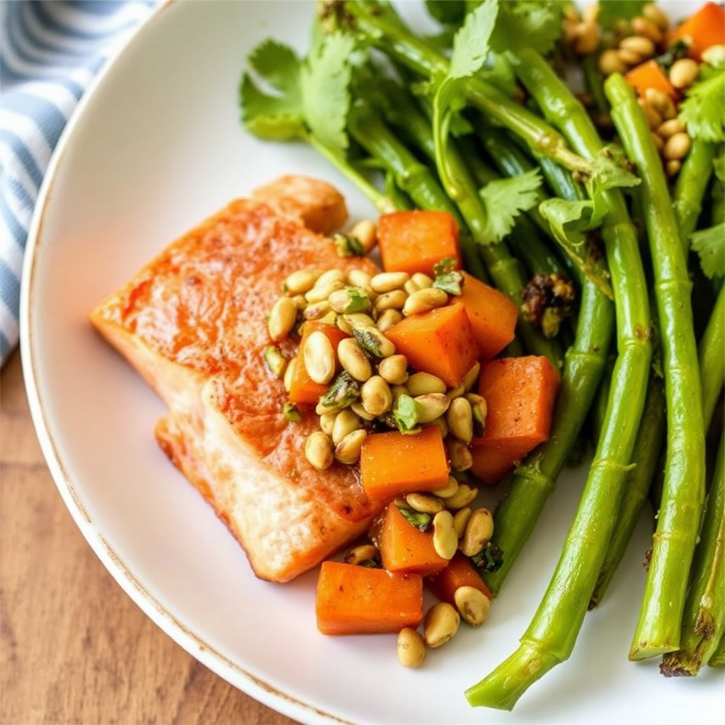 Salmon with Roasted Sweet Potato & Pistachio Salsa