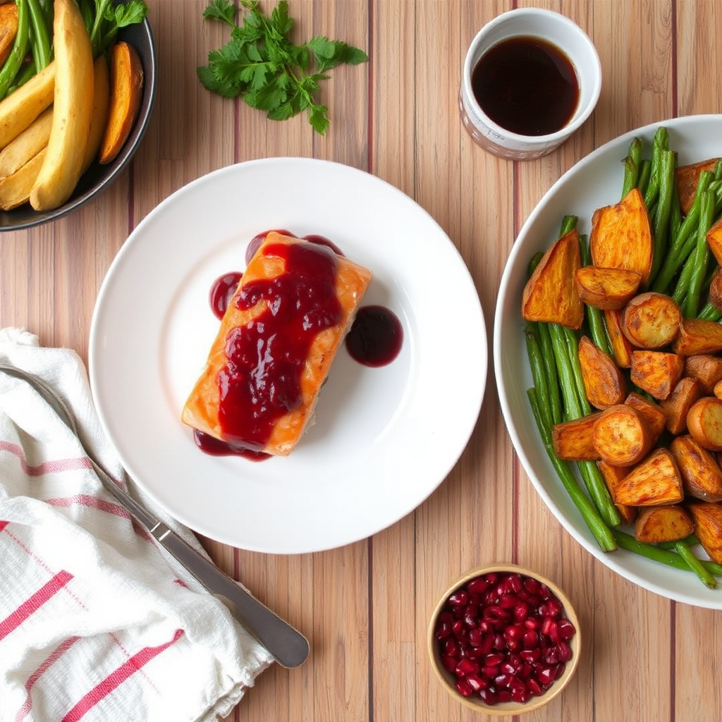 Salmon with Roasted Sweet Potatoes and Pomegranate Glaze