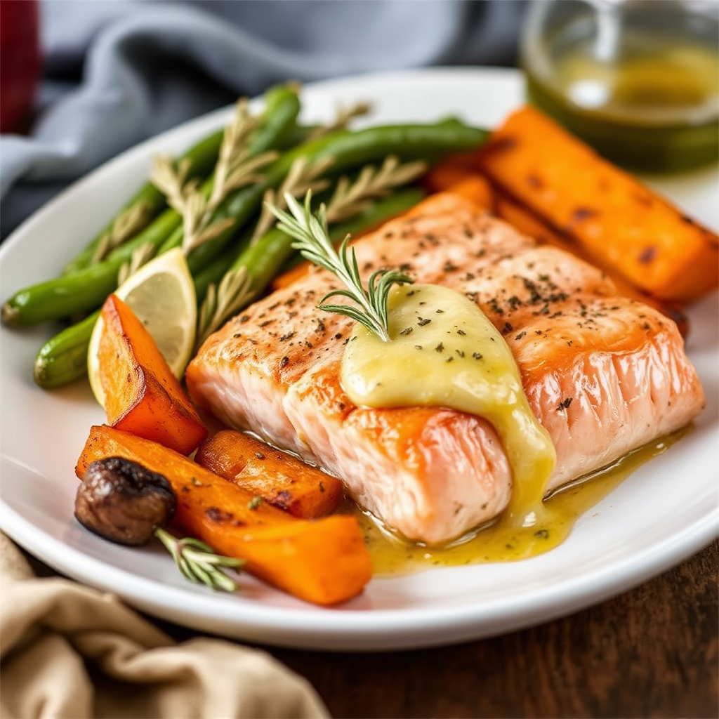 Salmon with Roasted Sweet Potatoes and Rosemary Butter