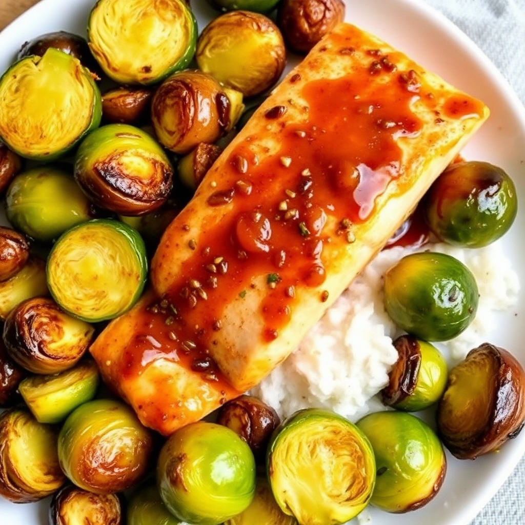 Salmon with Spiced Apricot Glaze and Roasted Brussel Sprouts