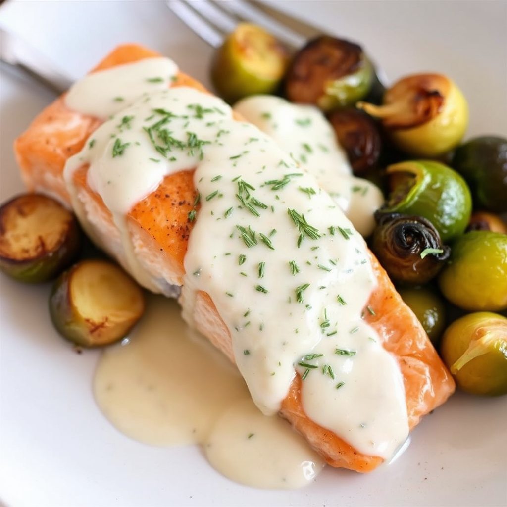 Seared Salmon with Creamy Lemon-Dill Sauce and Roasted Brussels Sprouts