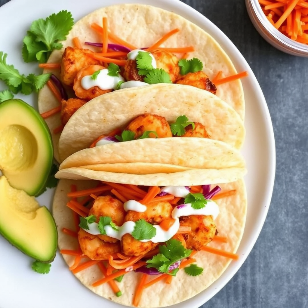 Smoked Paprika Shrimp Tacos with Pickled Carrot Slaw and Avocado Crema