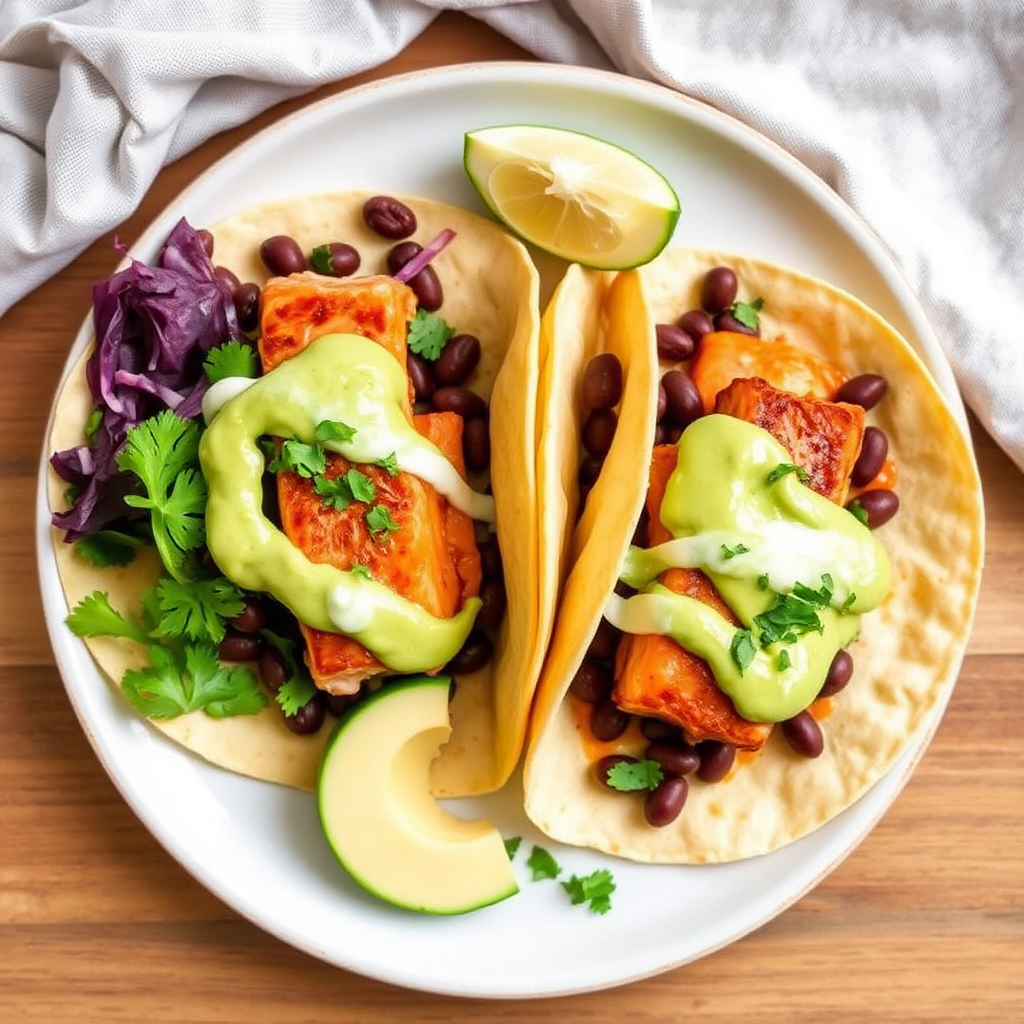 Smoky Salmon & Black Bean Tacos with Avocado Crema