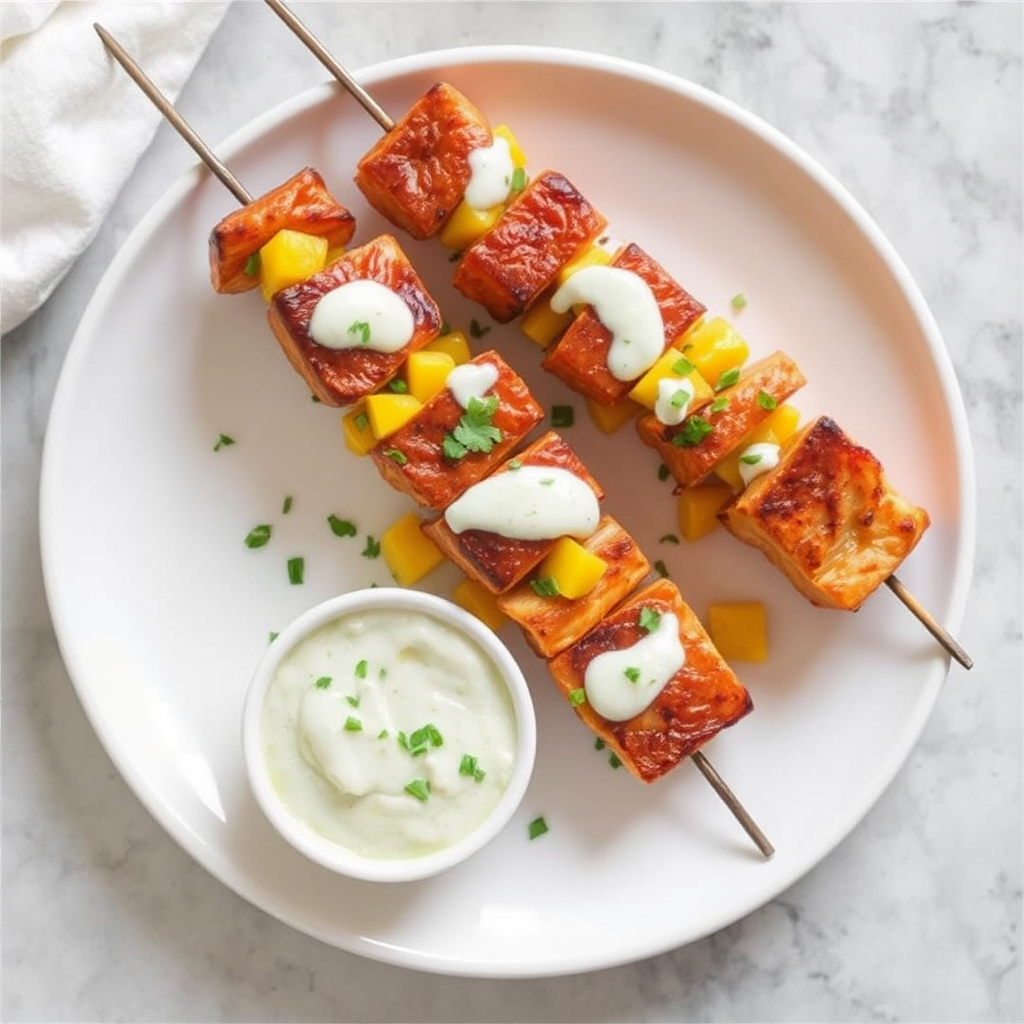 Smoky Salmon & Mango Salsa Skewers with Cilantro Lime Crema