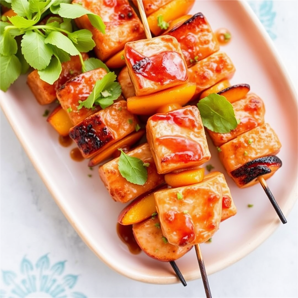 Smoky Salmon & Roasted Peach Skewers with Honey-Lime Glaze