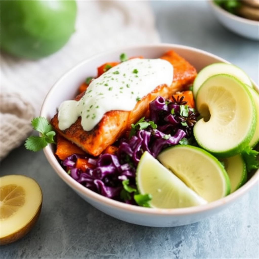 Smoky Salmon and Sweet Potato Bowls with Cilantro-Lime Crema