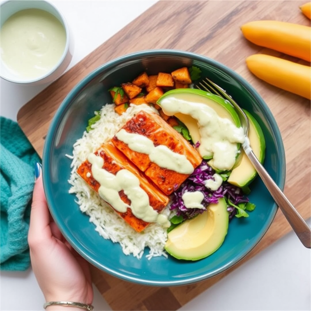 Smoky Salmon & Sweet Potato Bowls with Creamy Avocado Dressing