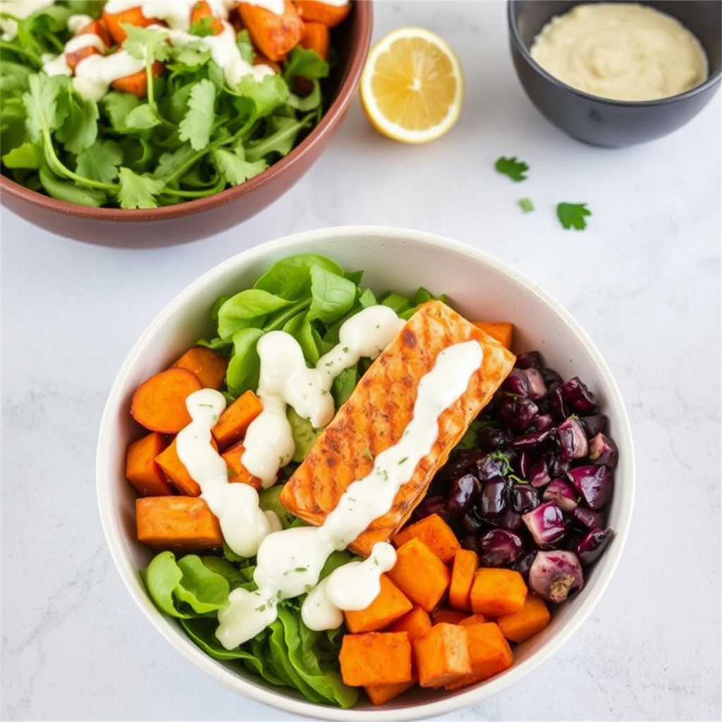 Smoky Salmon & Sweet Potato Bowls with Creamy Dill Dressing