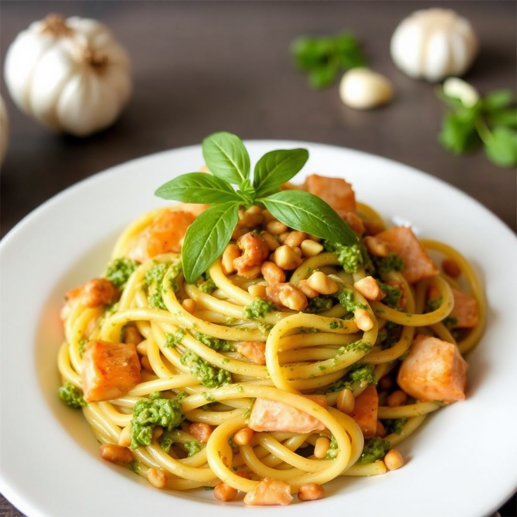 Smoky Salmon & Walnut Pesto Pasta with Roasted Garlic