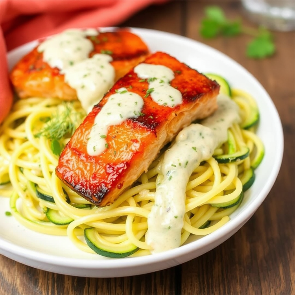 Smoky Salmon & Zucchini Noodles with Creamy Dill Sauce